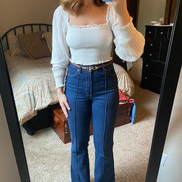 Aerie Square Neck Smocked Long Sleeve Crop Blouse White - Picture 3 of 3